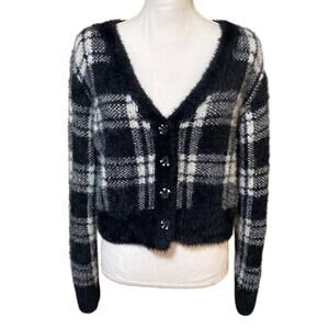 Women's V Neck Cropped Black Plaid Fuzzy Cardigan Sweater Sz Med Preppy Academic